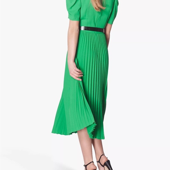 LK Bennett Green Pleated Midi Dress with Puff Sleeves - Picture 2 of 4